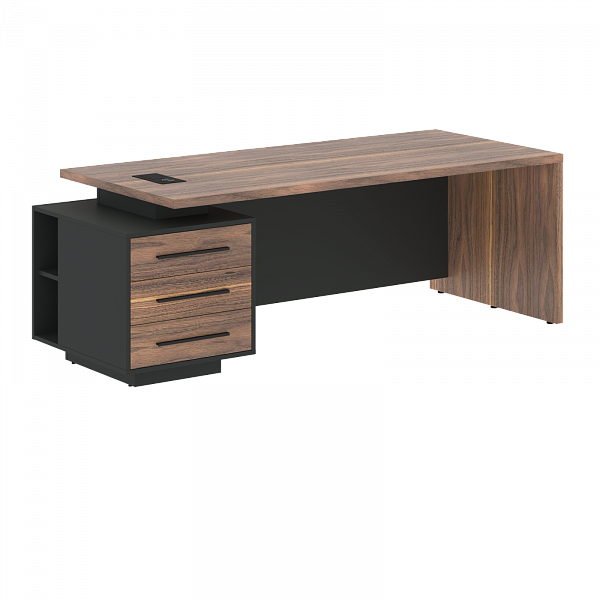 Стол руководителя с тумбой VRCT 2290(L) Американский орех/Черный матовый/Яшма черный 2200х900х750 VELION VENEER