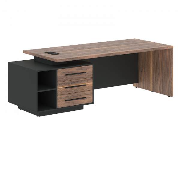 Стол руководителя с тумбой VRCT 2390(L) Американский орех/Черный матовый/Яшма черный 2300х900х750 VELION VENEER