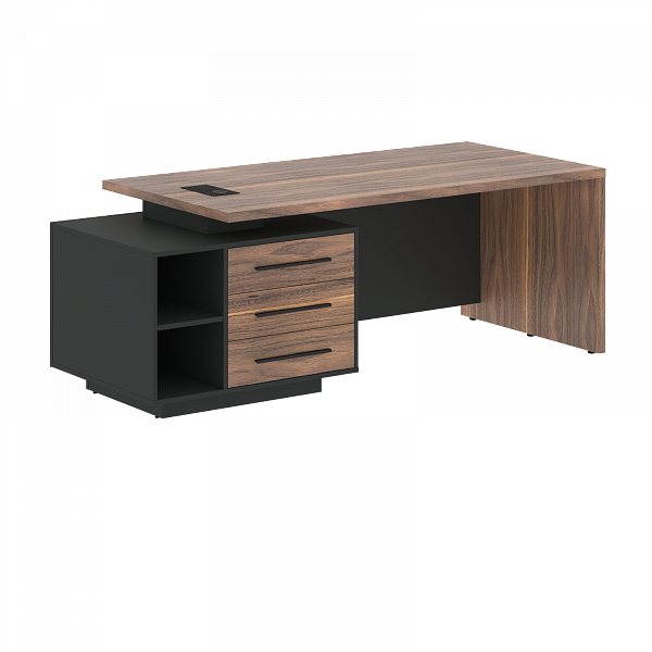 Стол руководителя с тумбой VRCT 2119(R) Американский орех/Черный матовый/Яшма черный 2100х900х750 VELION VENEER